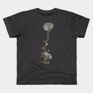 Single twig of natural grey blue cotton boll leaning against the white illuminated wall background Kids T-Shirt